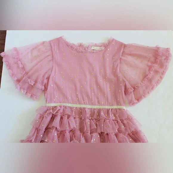 Mini Boden Gold Star Print Pink Ruffle Tulle Dress. Size 11/12